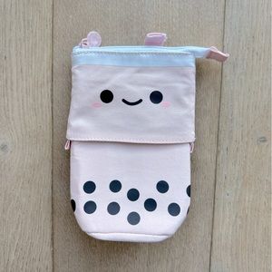 🆕 Happy Smiley Boba Milk Bubble Tea Adjustable Slide Pen Pouch - Beige & Pink